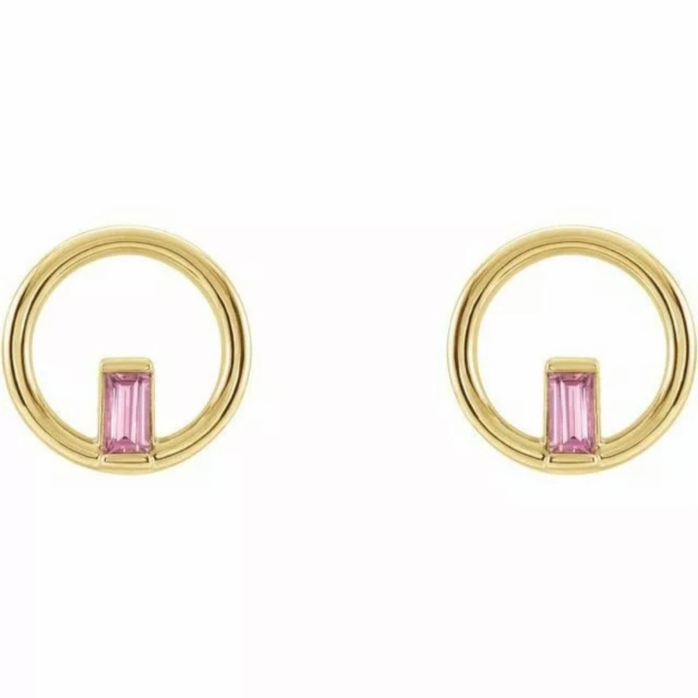 Pink Tourmaline Gold Circle Earrings 14K NEW